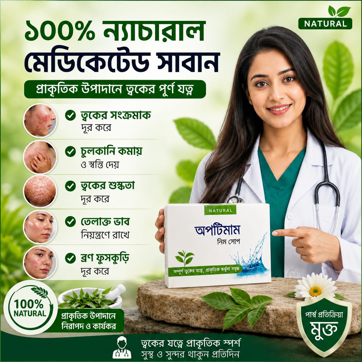 ন্যাচারাল মেডিকেটেড সাবান প্রাকৃতিক উপাদানে তৈরি অপটিমাম নিম সোপ—ত্বকের দৈনন্দিন যত্ন ও পরিষ্কার-পরিচ্ছন